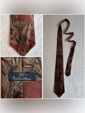 Vintage Countess Mara Men's Cornstalk Abstract Brown Tan Black Sistine Satin Tie